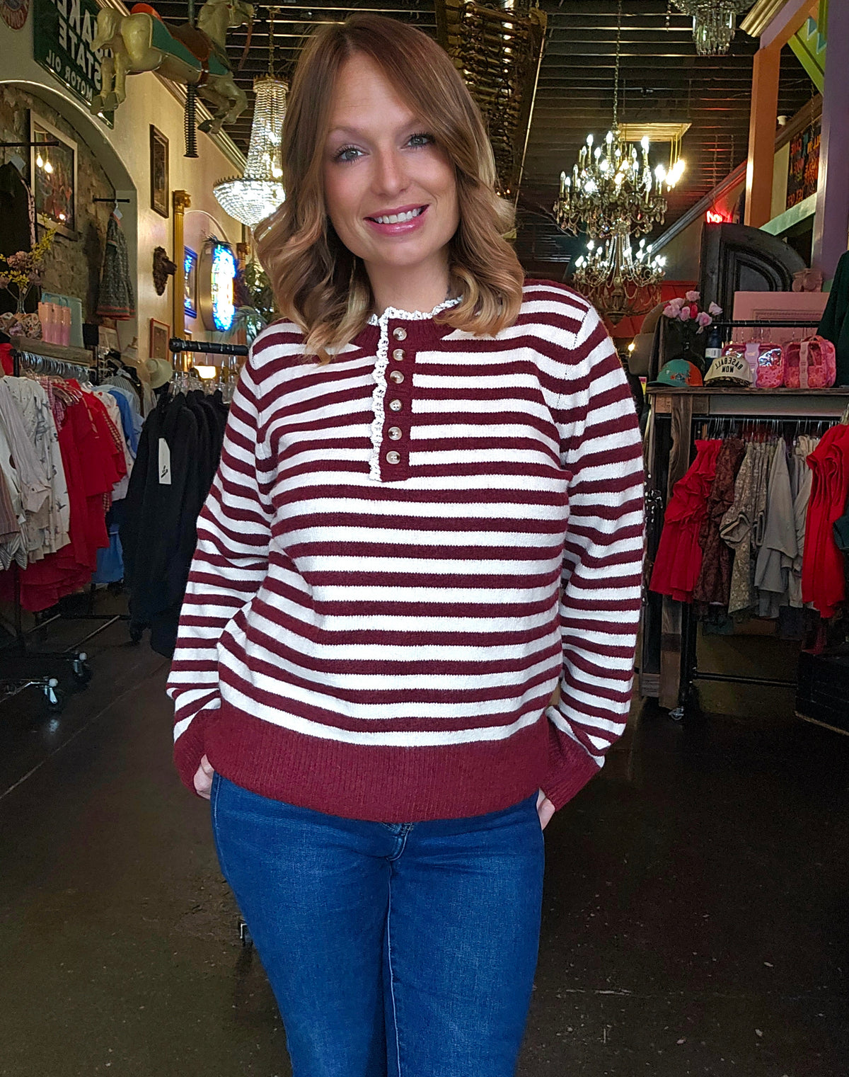 Sweater - Stripe Henley Knit Burgundy