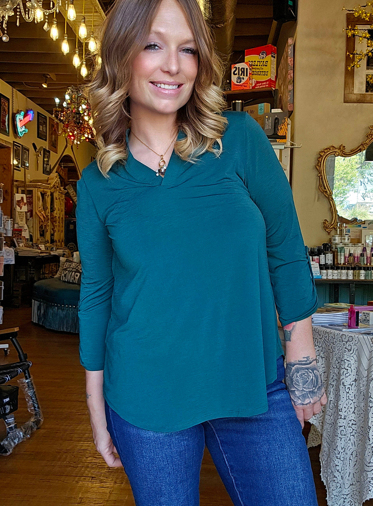 Blouse - Green Ruffled Collar