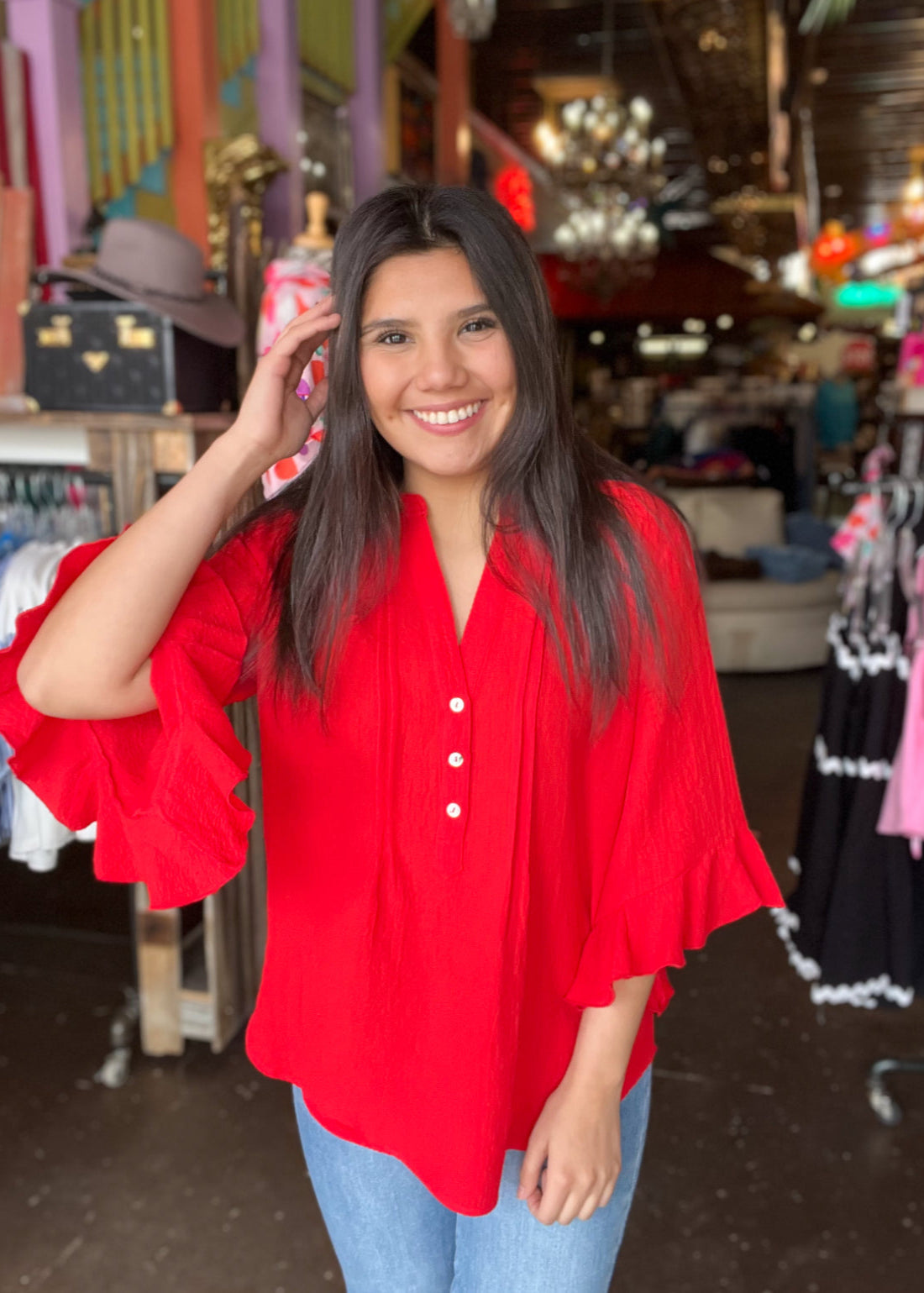 Top | A La Carte Red Split Neck Top With Ruffle Sleeves