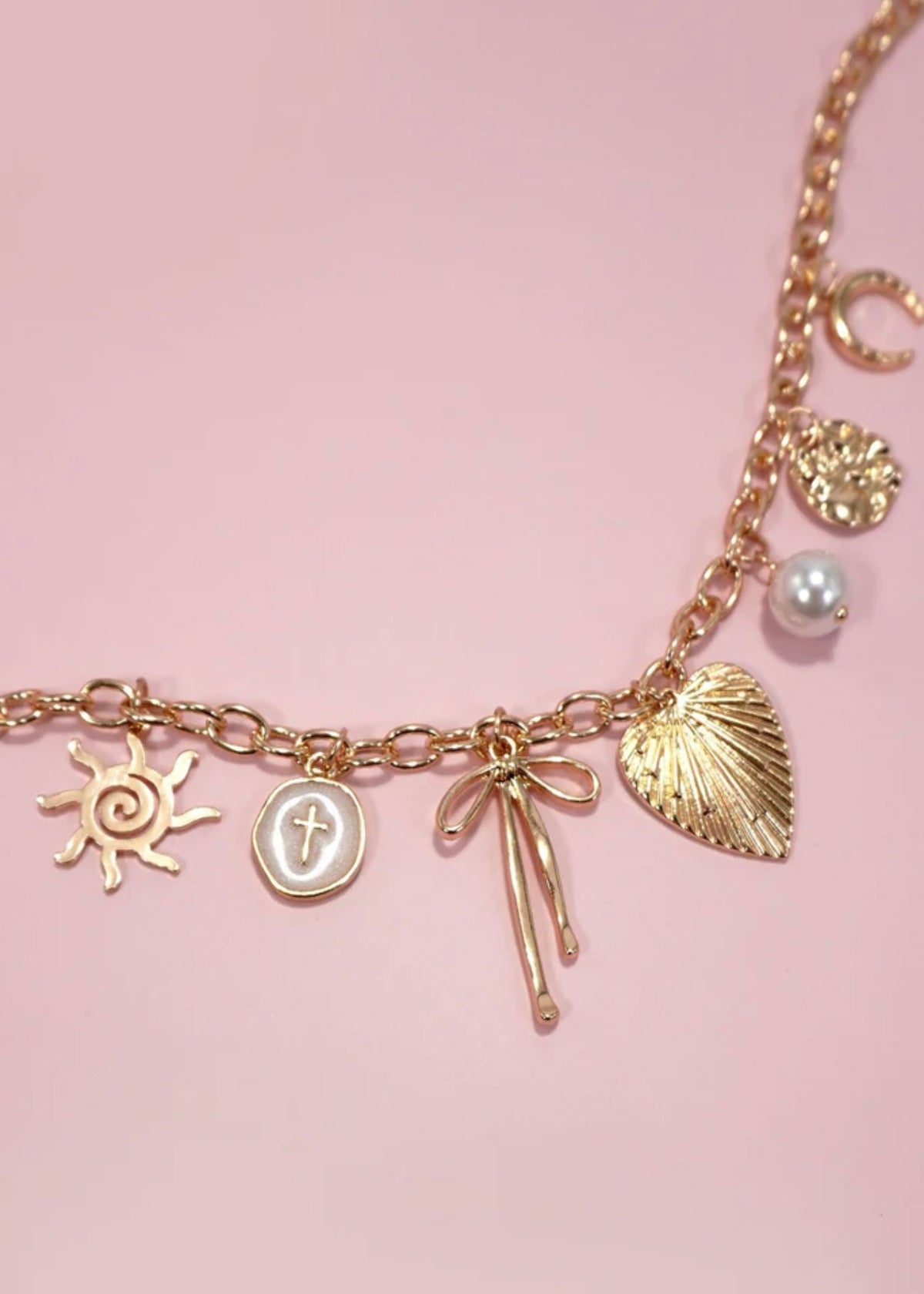 Necklace | Sun Bow Pearl Cross Disc U Charm Necklace