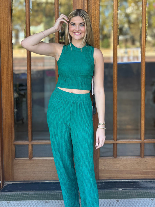 Emerald City Crinkled Plisse Cropped Tank and Pants Set
