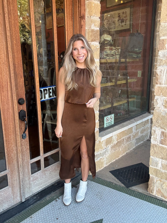 Dress | Midi Silky Side Slit Brown