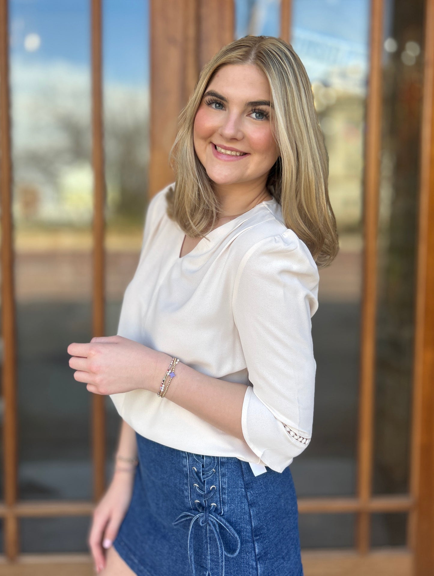 Champagne V-Neck Flare Cuff Blouse