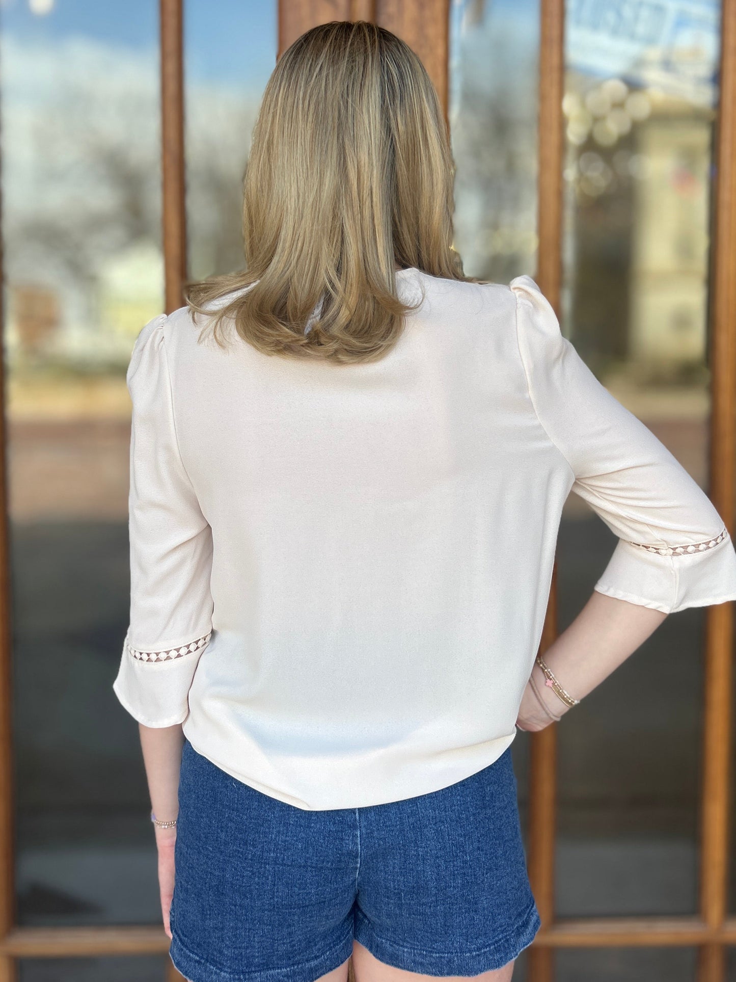 Champagne V-Neck Flare Cuff Blouse