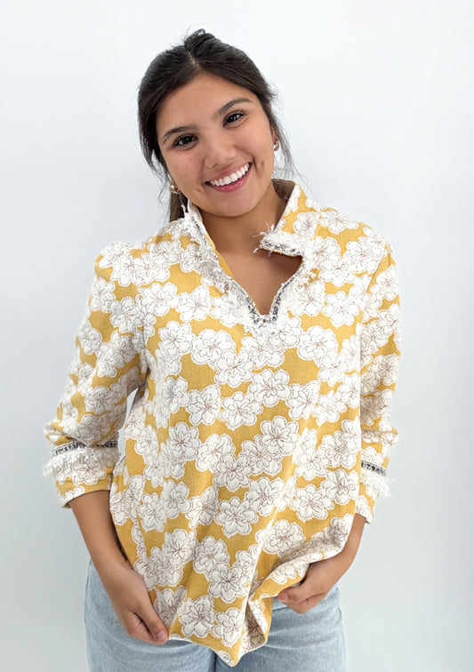 Top | Sweater Yellow Tweed Trim Detail Floral Print Knit Top