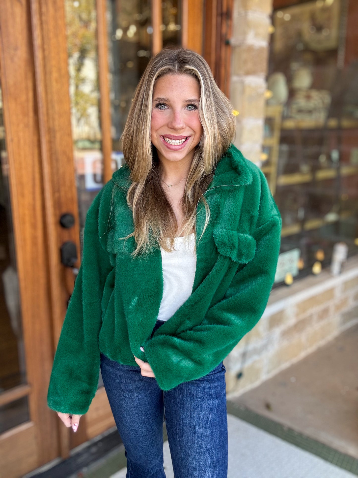 Jacket | Faux Fur Crop Zip-Up Green