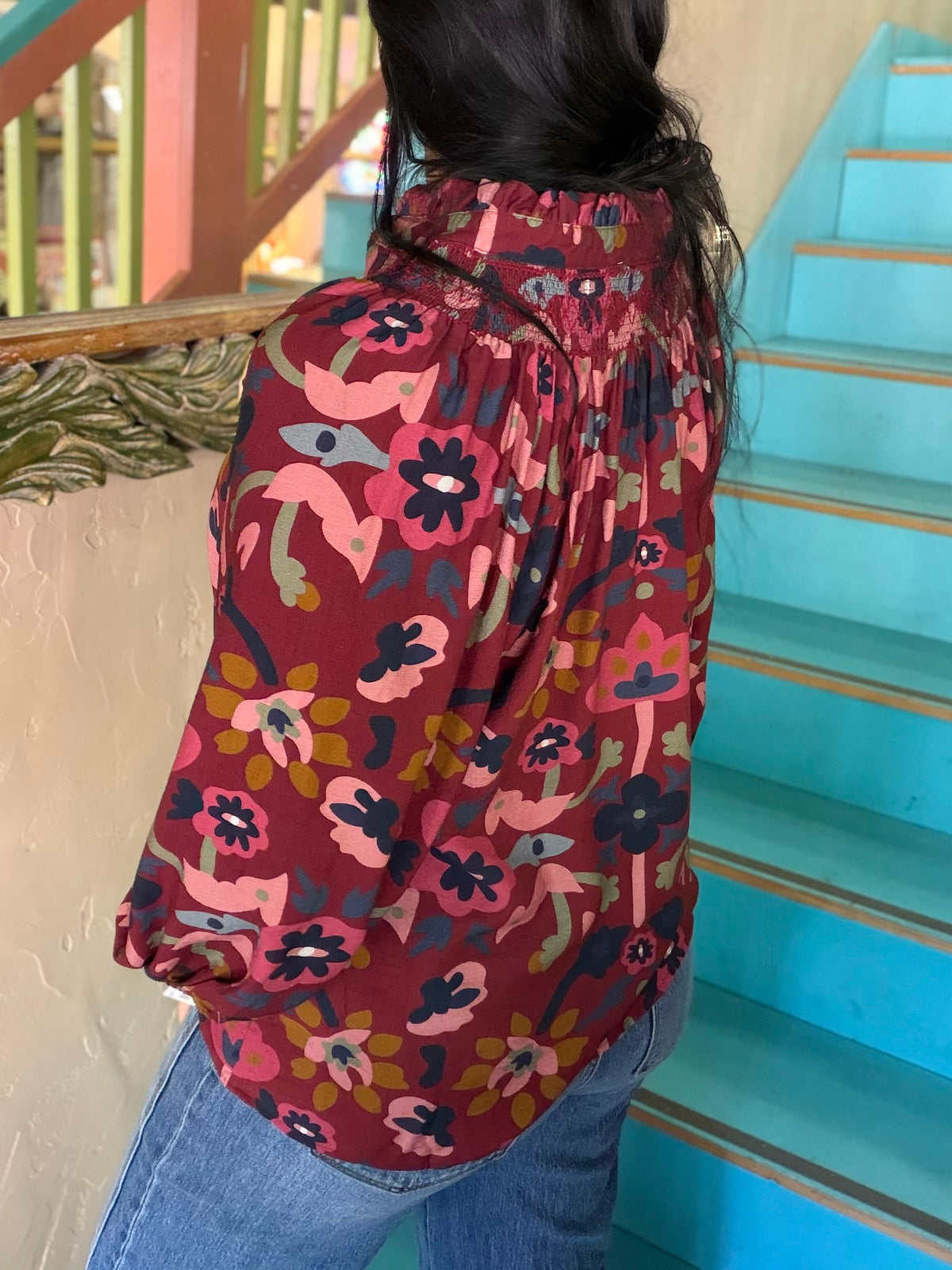 Blouse - Umgee Burgundy Floral Split Neck