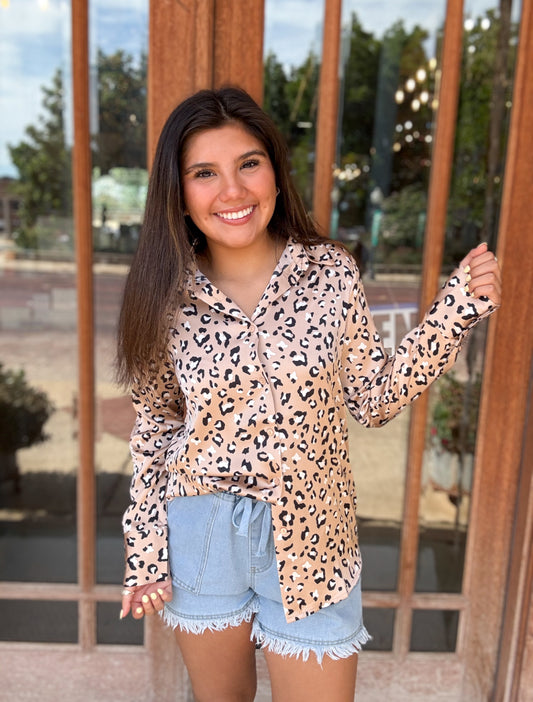 Top | Blouse Leopard Print Long Sleeve Button Up