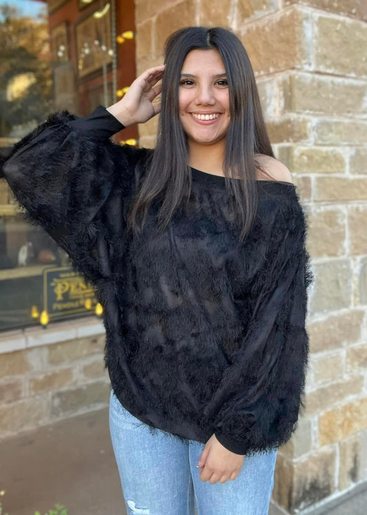 Top | Blouse Boatneck Long Sleeve with Cuffs Fringe Detail
