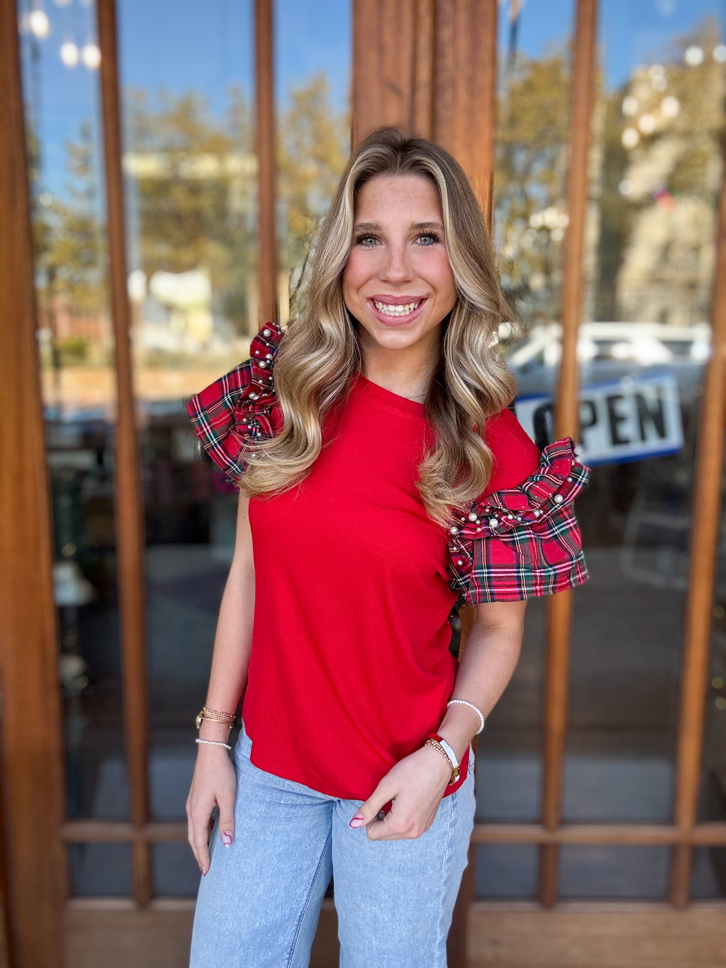 Red Ruffle Sleeve Blouse