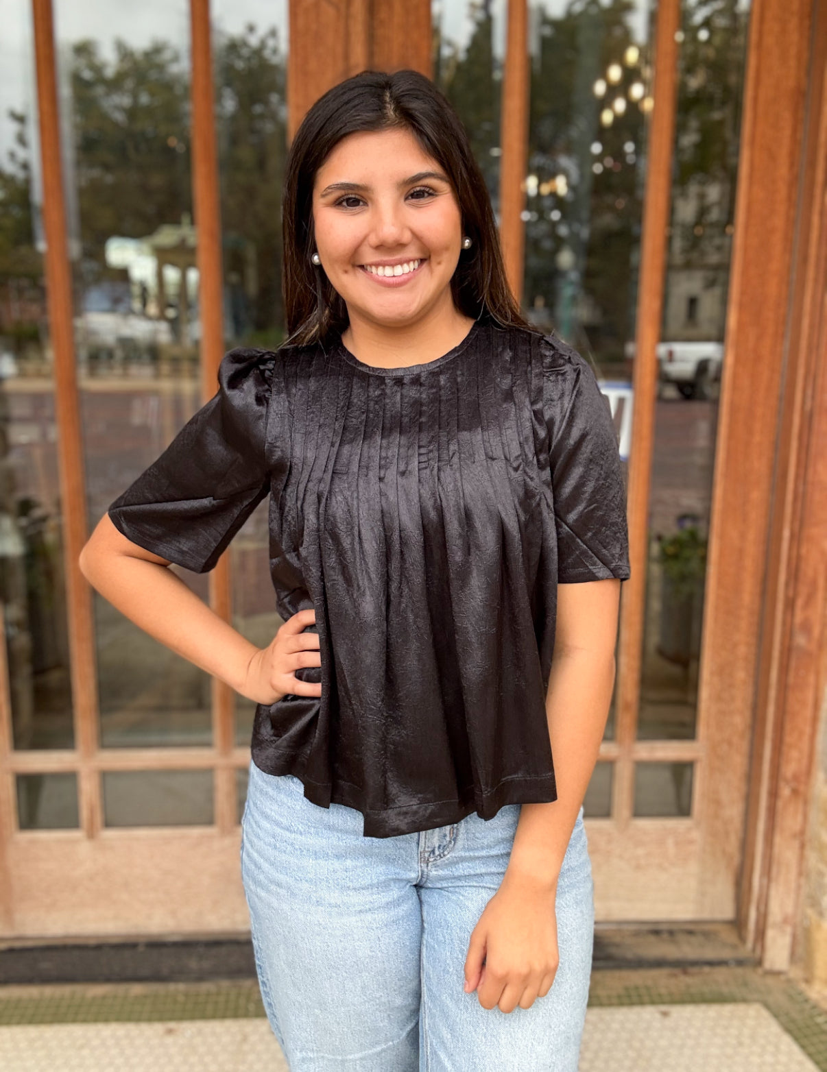 Tops | Blouse Black Metallic Pleated Detail With Sleeves