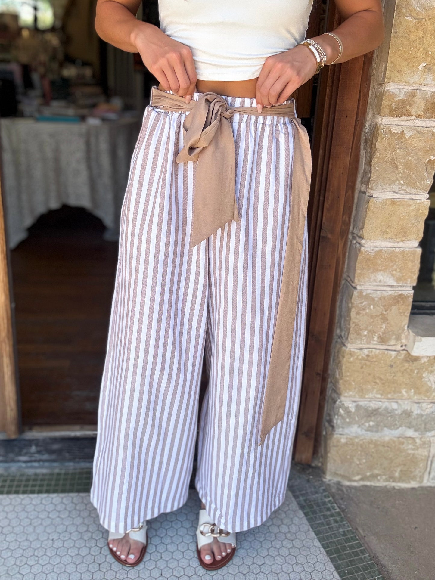 Trousers - Neutral Stripe Tie Waist