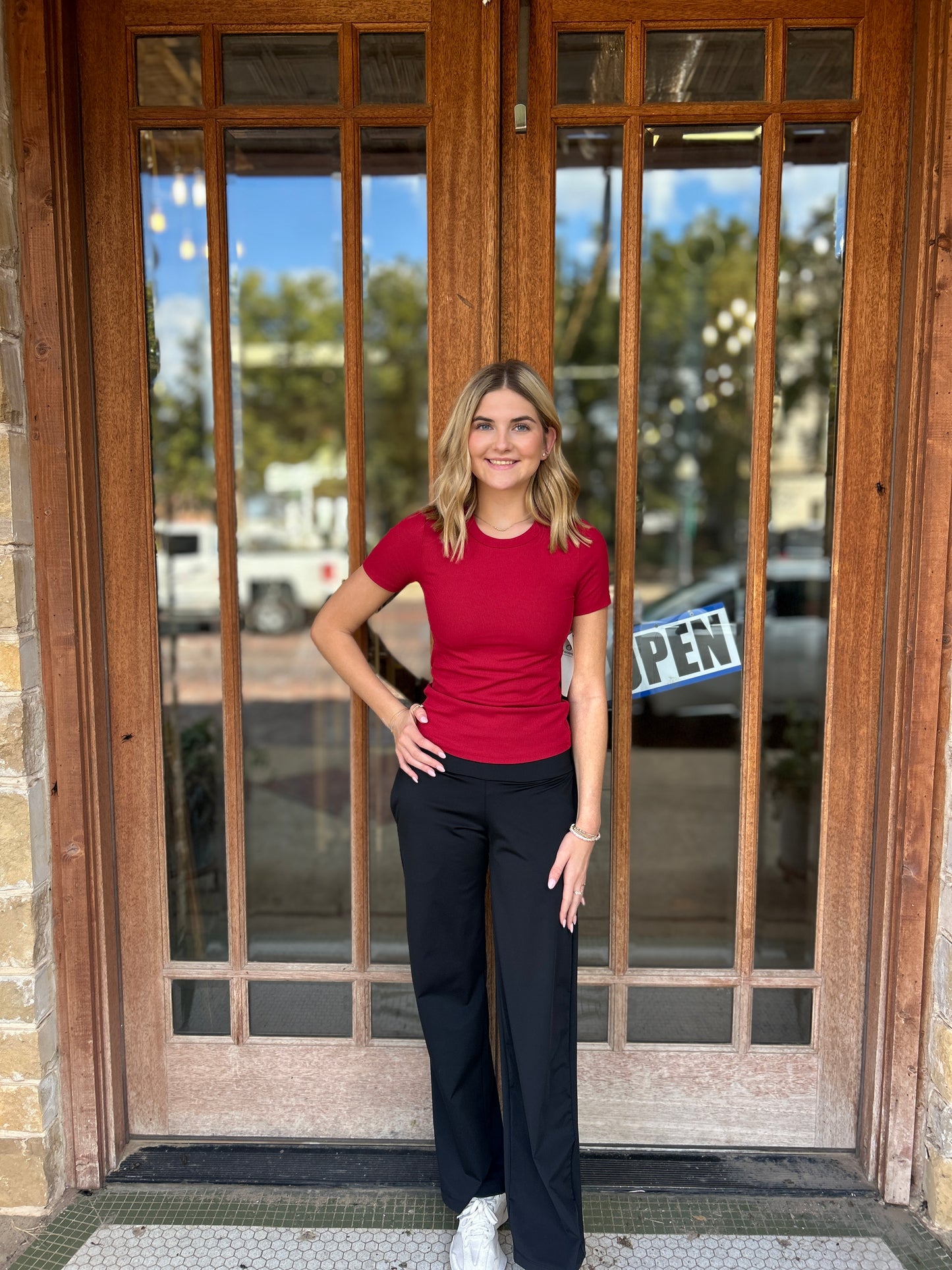 Athleisure | Essential Short-Sleeved Micro-Ribbed Athleisure Top: GARNET RED