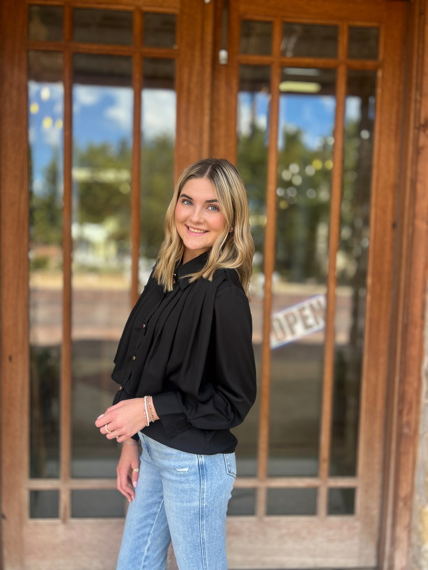 Tops | Blouse Black Loose Pleated Split Joint Lapel Long Sleeve