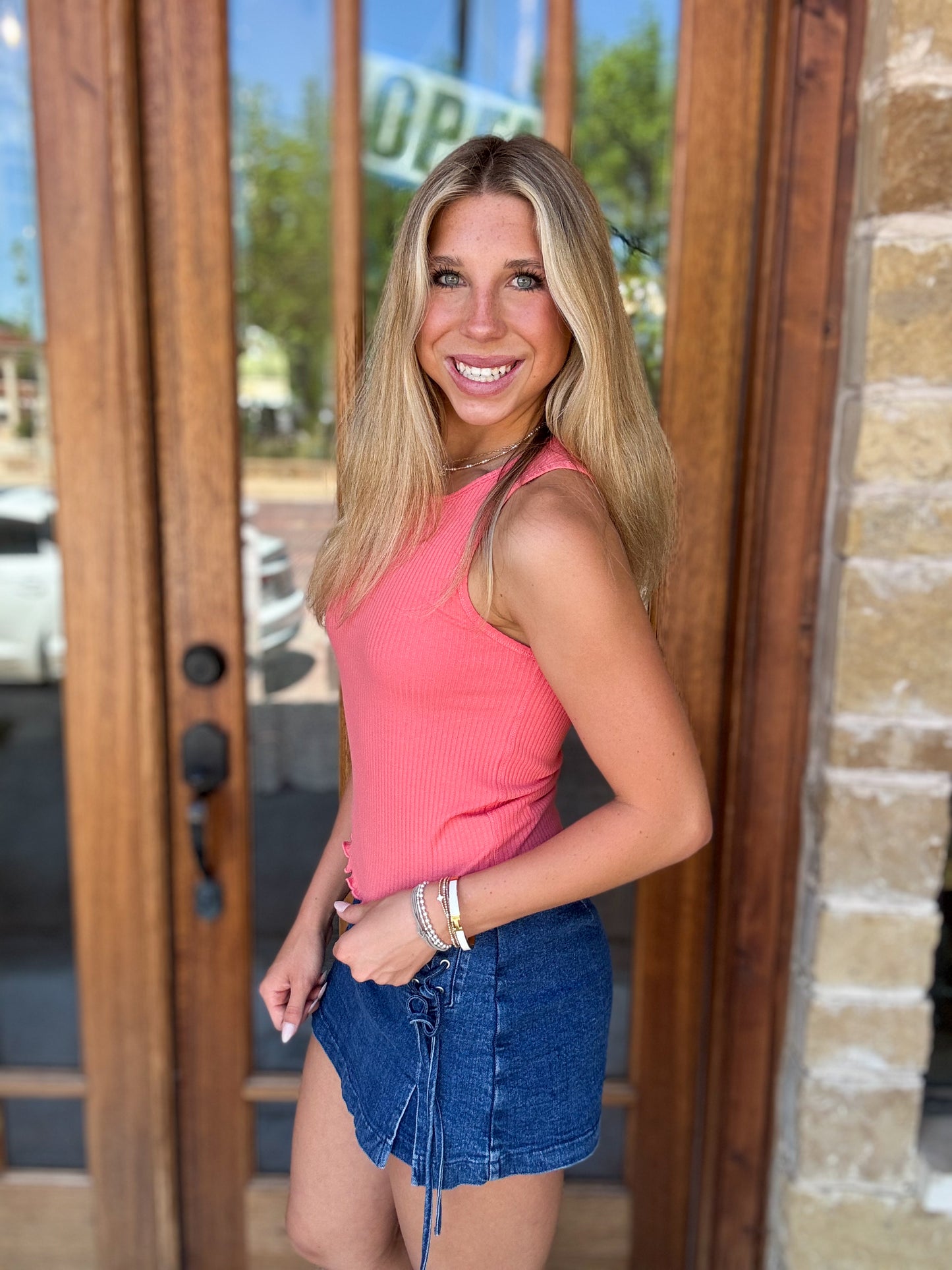 Tank - Coral Ribbed Scoop Neck