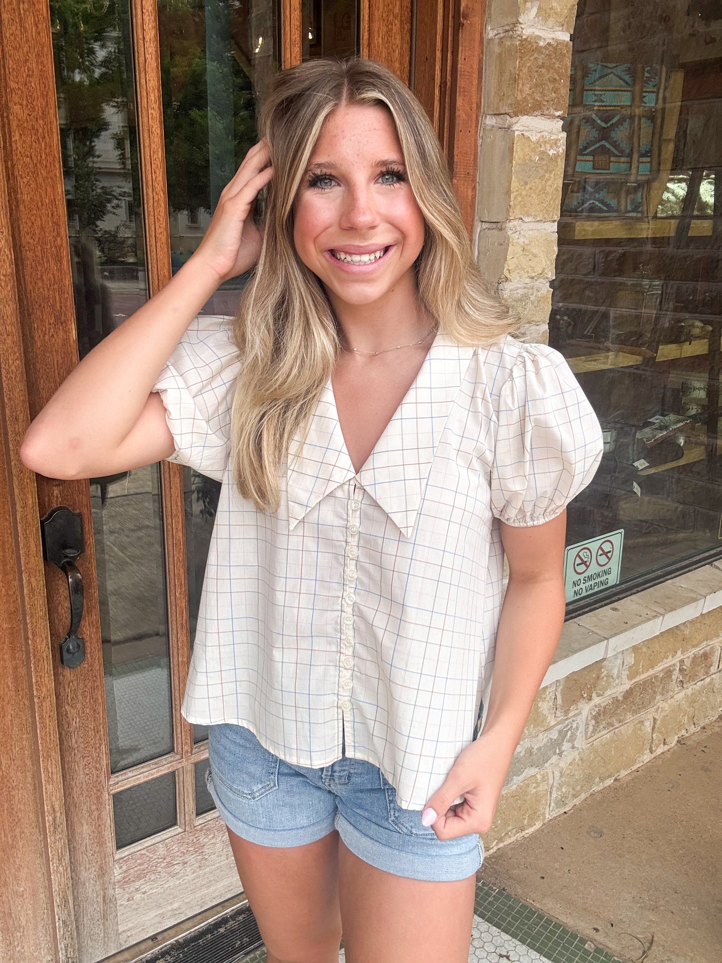 Tops | Blouse Light Taupe Checker Peter Pan Collar V-Neck Button