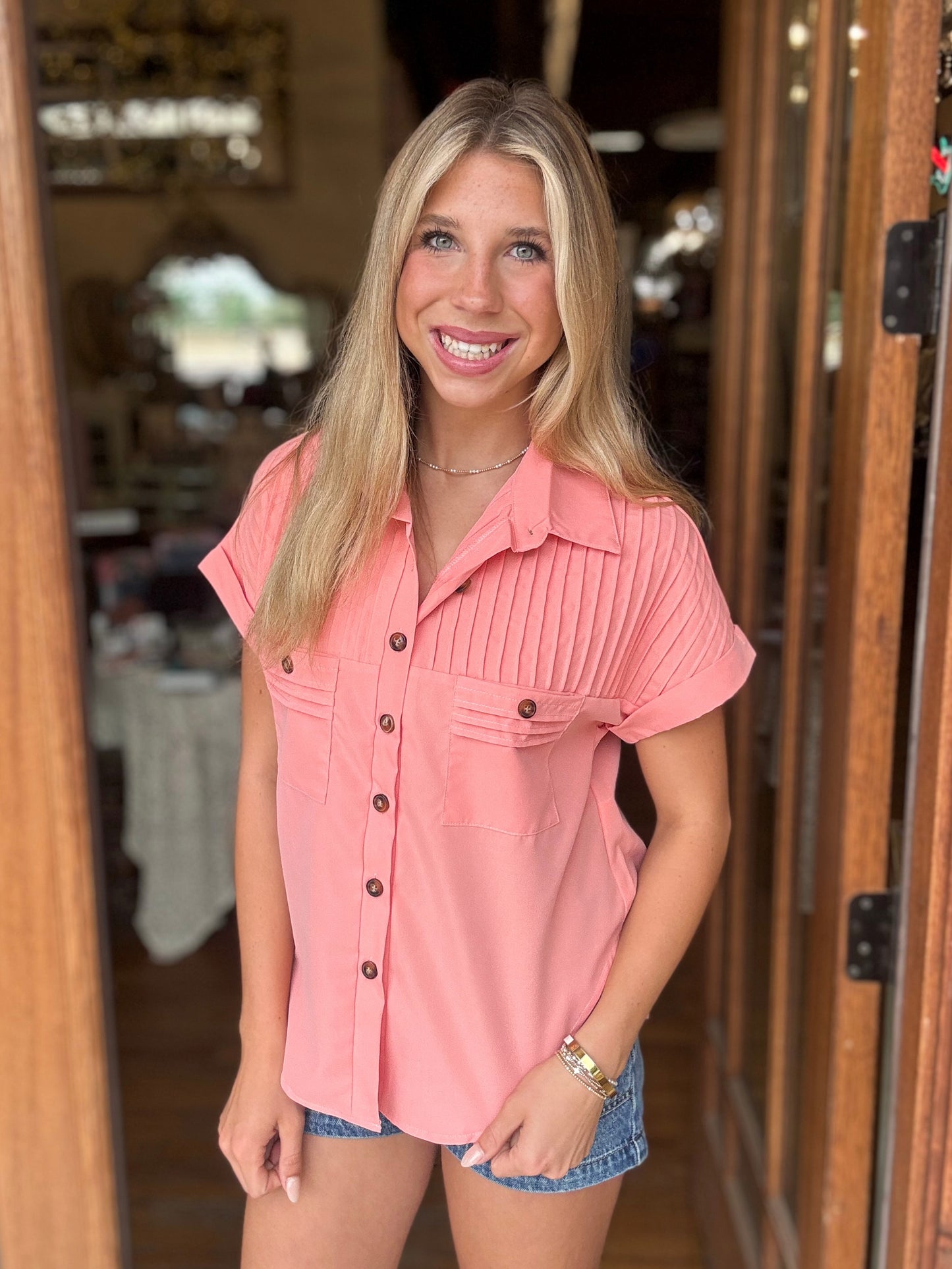 Blouse - Coral Pintuck Collared