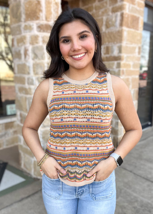 Top | Taupe Multi Color Knit Woven Vest Top