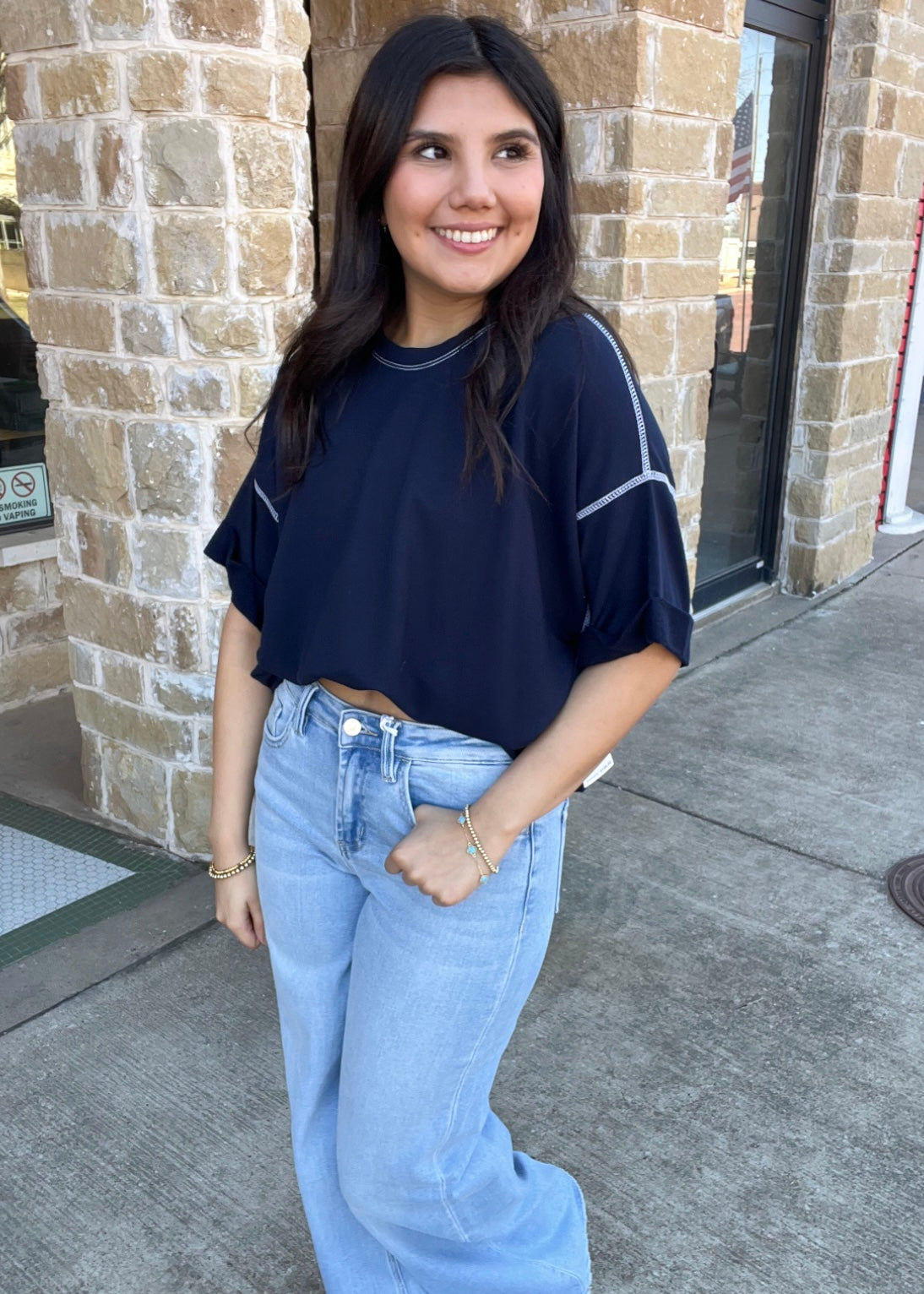 Top | Navy Cuffed Sleeve Tee