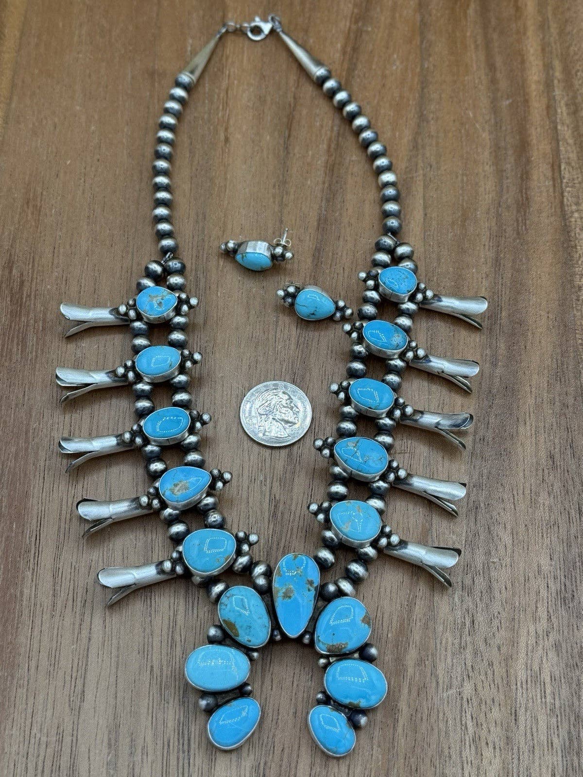 Navajo Handmade Sterling Silver Kingman Turquoise Squash Blossom Necklace 20”