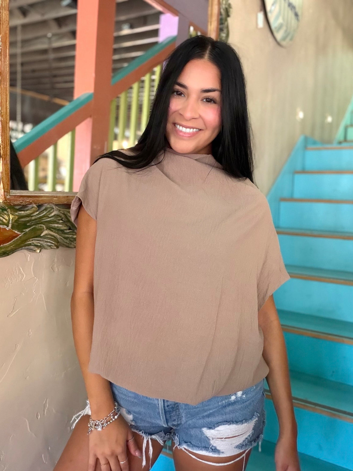 Blouse - Latte Draped Mock Neck
