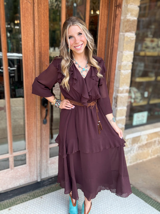 Dress | Maxi Chocolate Contemporary Flowy Ruffled with Belt