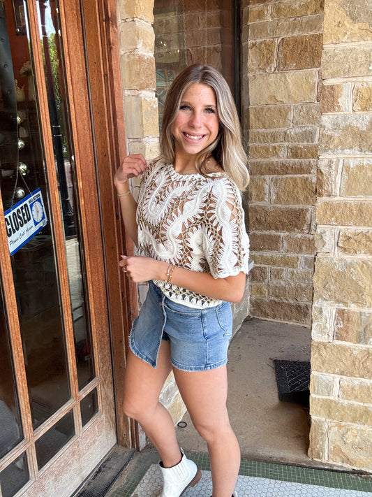 Taupe Crochet Metallic Thread Knitted Crop Top