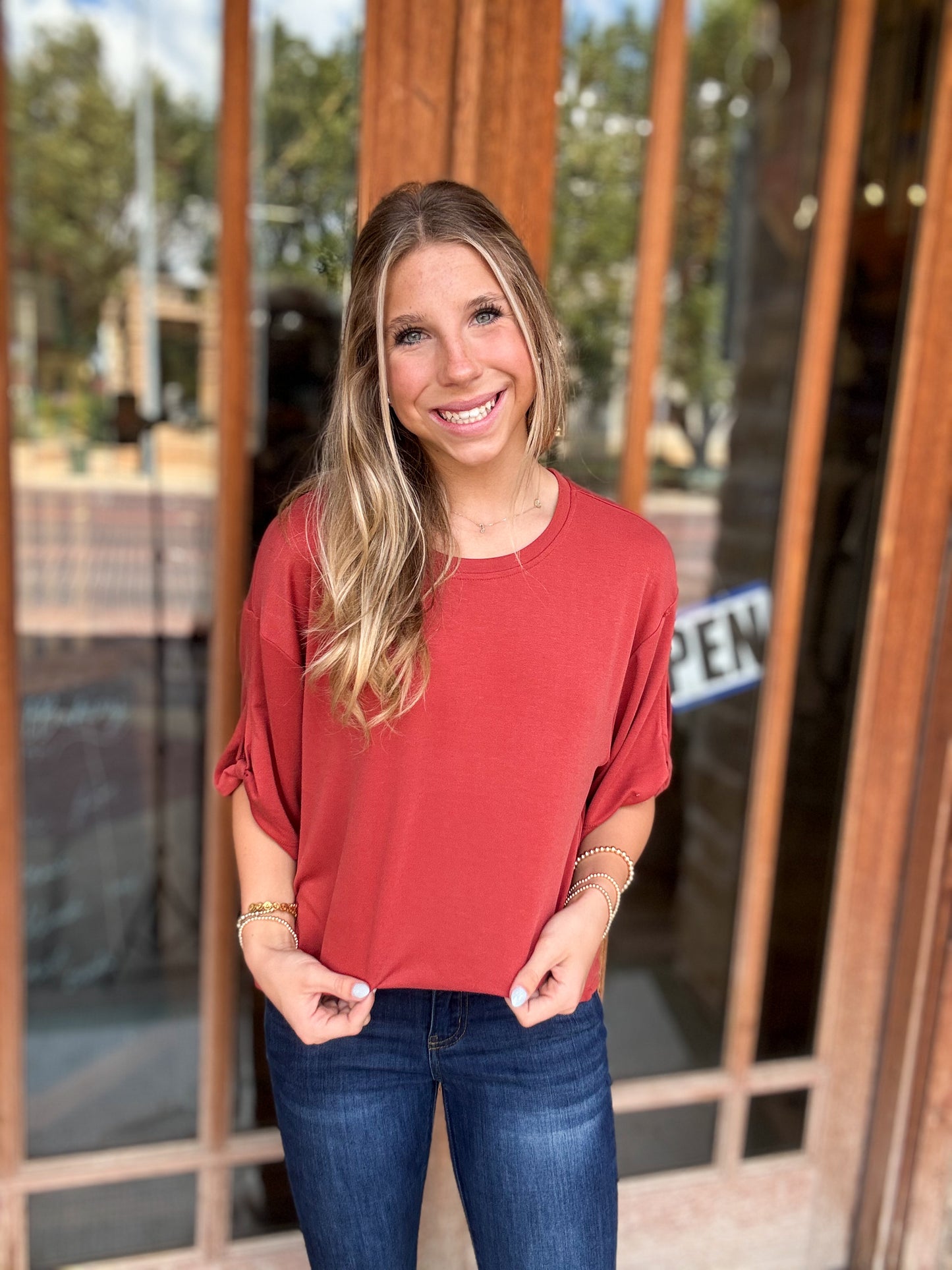 Tops | Blouse Rust Tie Accent Sleeve Soft Cupro