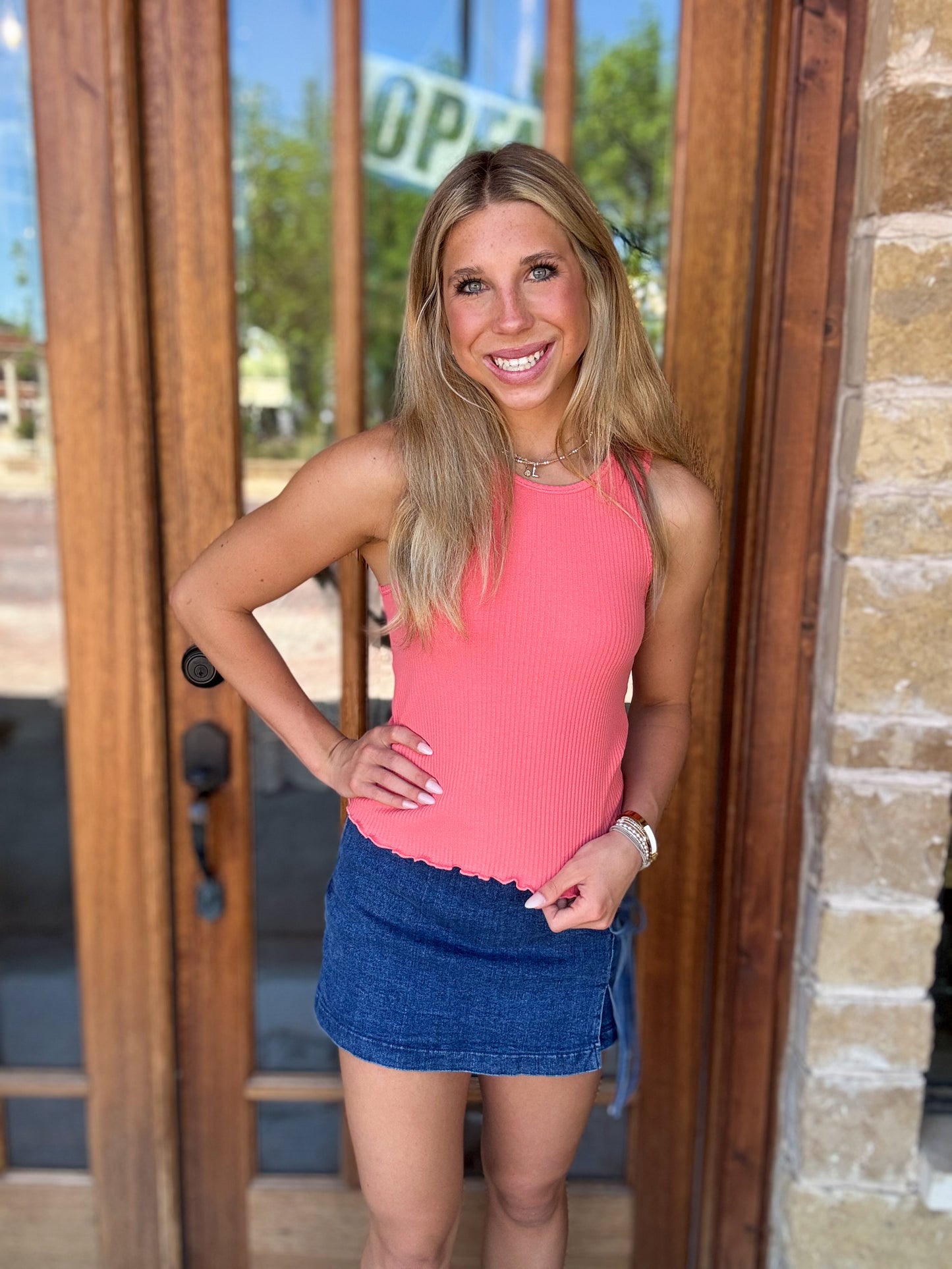 Tank - Coral Ribbed Scoop Neck