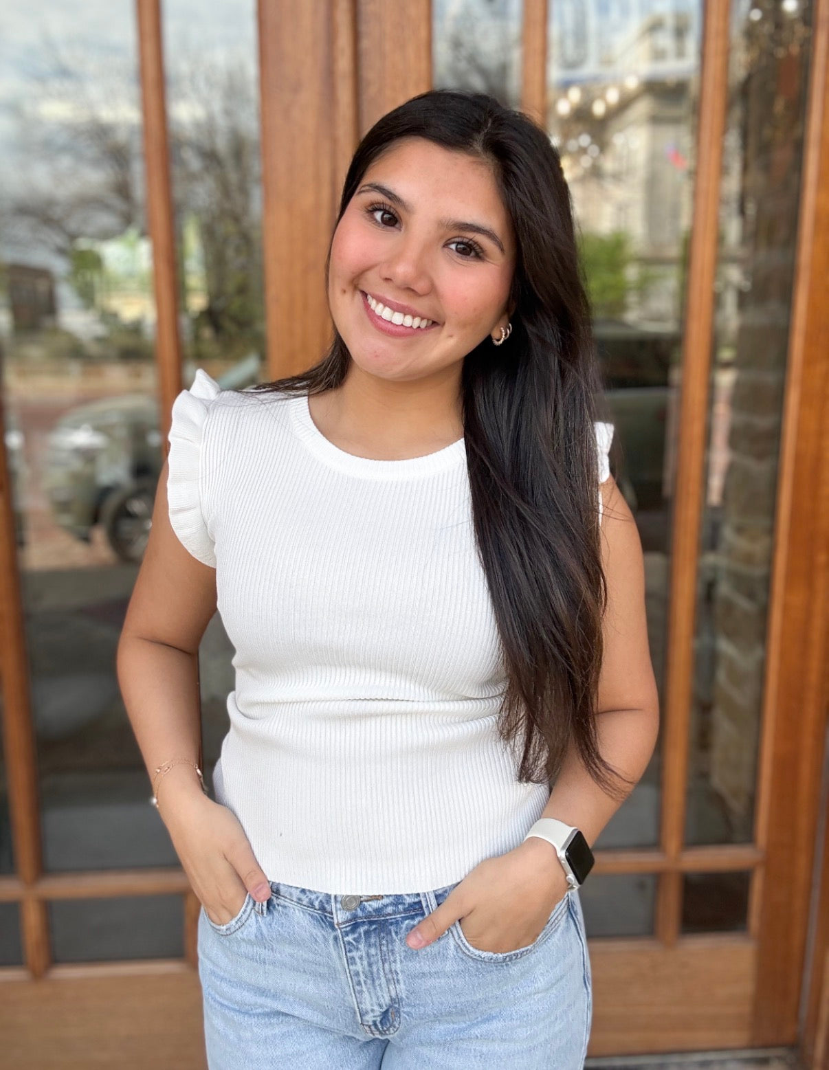 Top - White Ruffle Sleeveless Sweater Knit