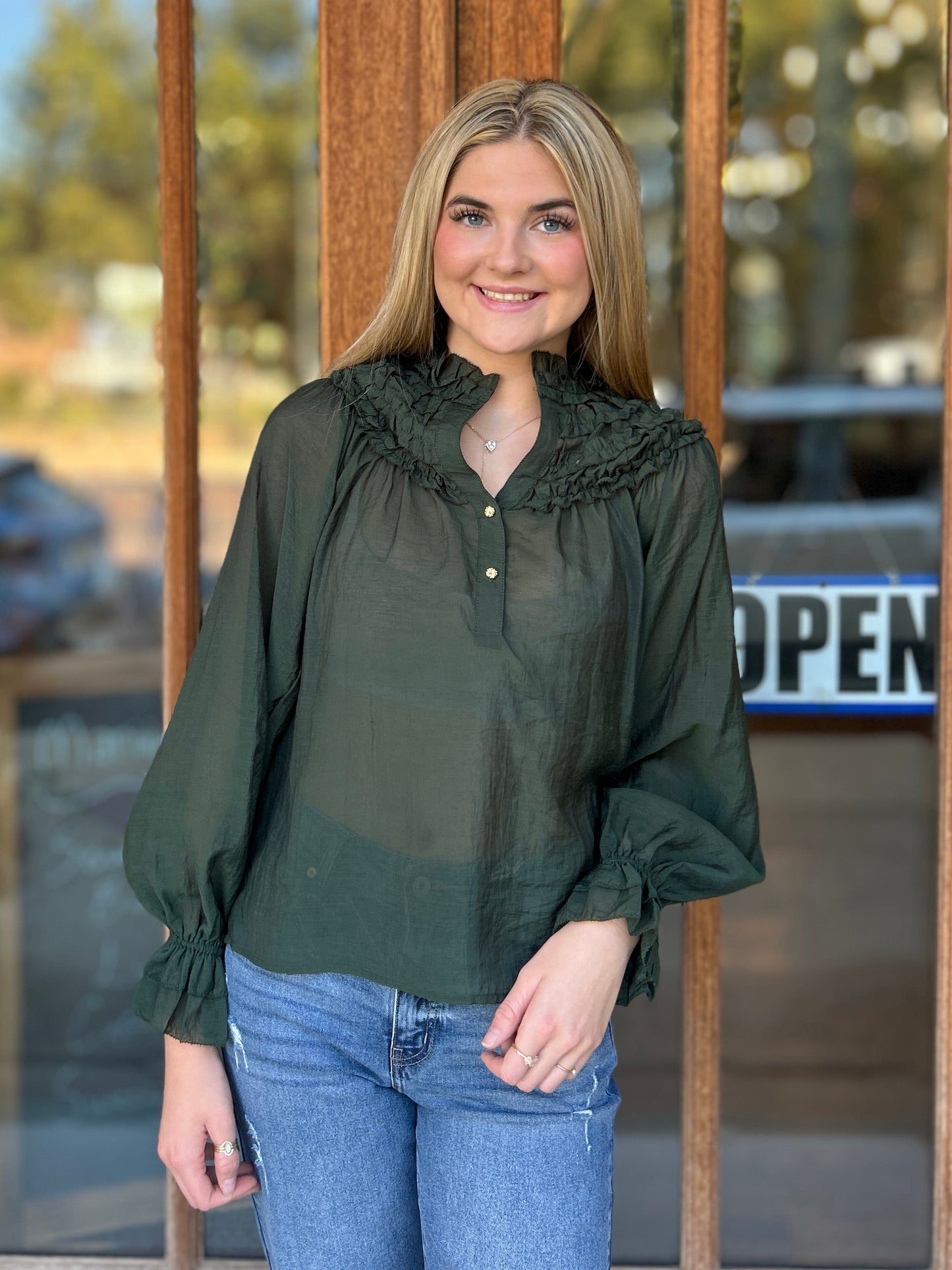 Tops | THML Blouse Ruffle Yoke Smocked Cuff Long Sleeve Olive