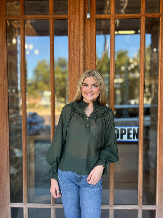Tops | THML Blouse Ruffle Yoke Smocked Cuff Long Sleeve Olive