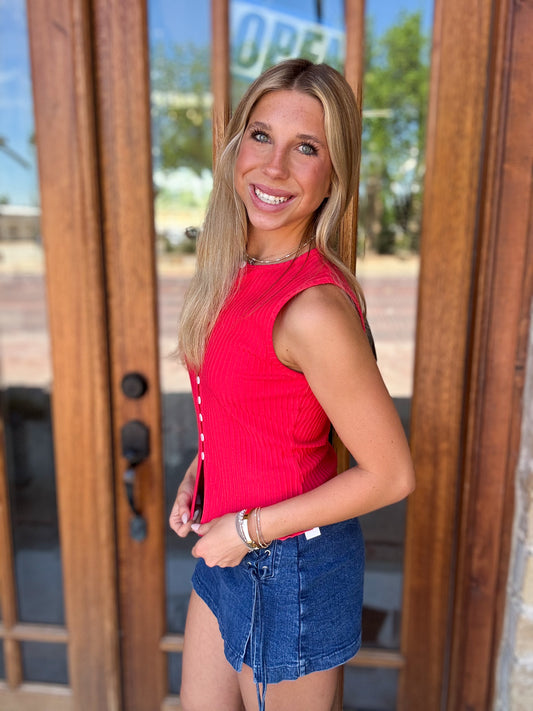 Tank - Cherry Ribbed Button Front