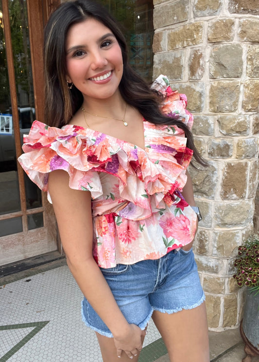 BuddyLove Nia Mad Hat Blouse V Neck Ruffled Short Sleeve