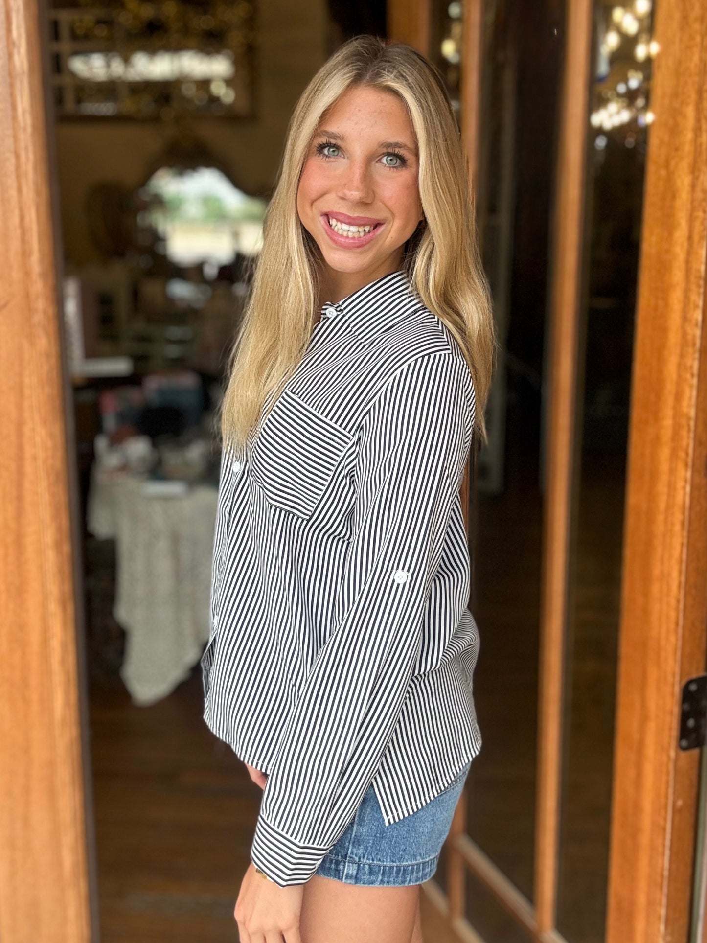 Top - Black Striped Button Down