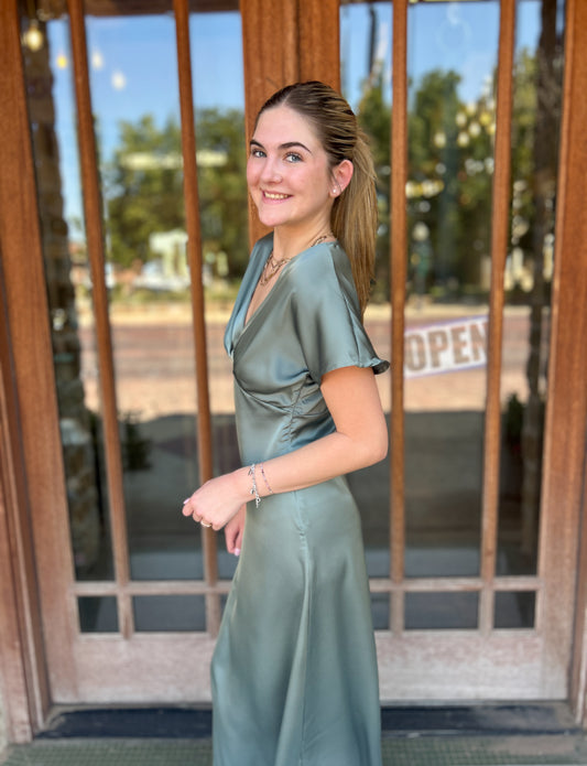 Dress | Midi Green Elegant V-Neck Dress