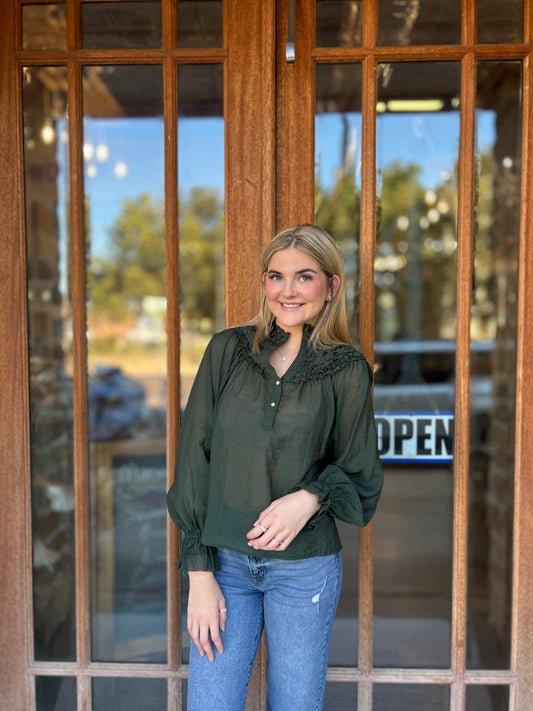 Tops | THML Blouse Ruffle Yoke Smocked Cuff Long Sleeve Olive