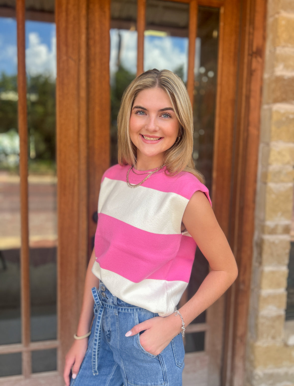 Tops | Sweater Ivory and Pink Stripe Block Knitted Sleeveless