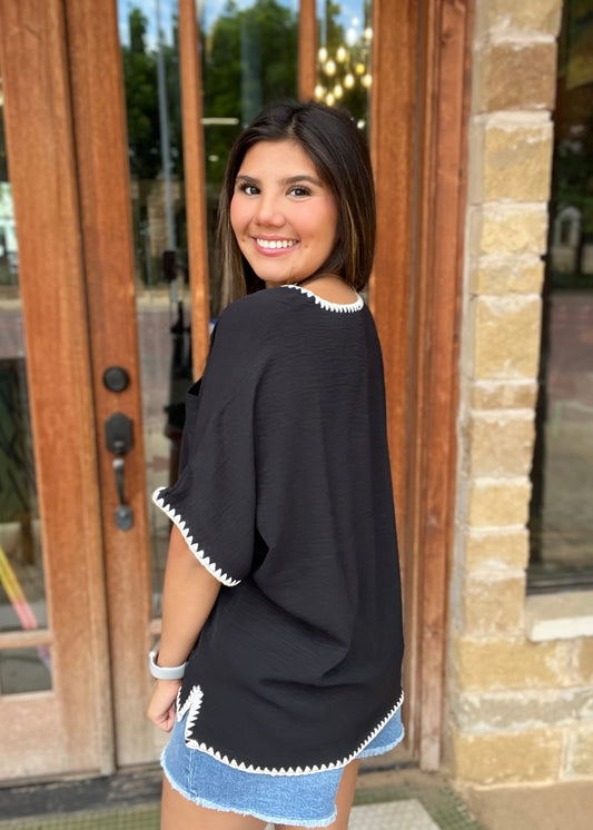 Tops | Blouse Black V-Neck with White Embroidered Trim