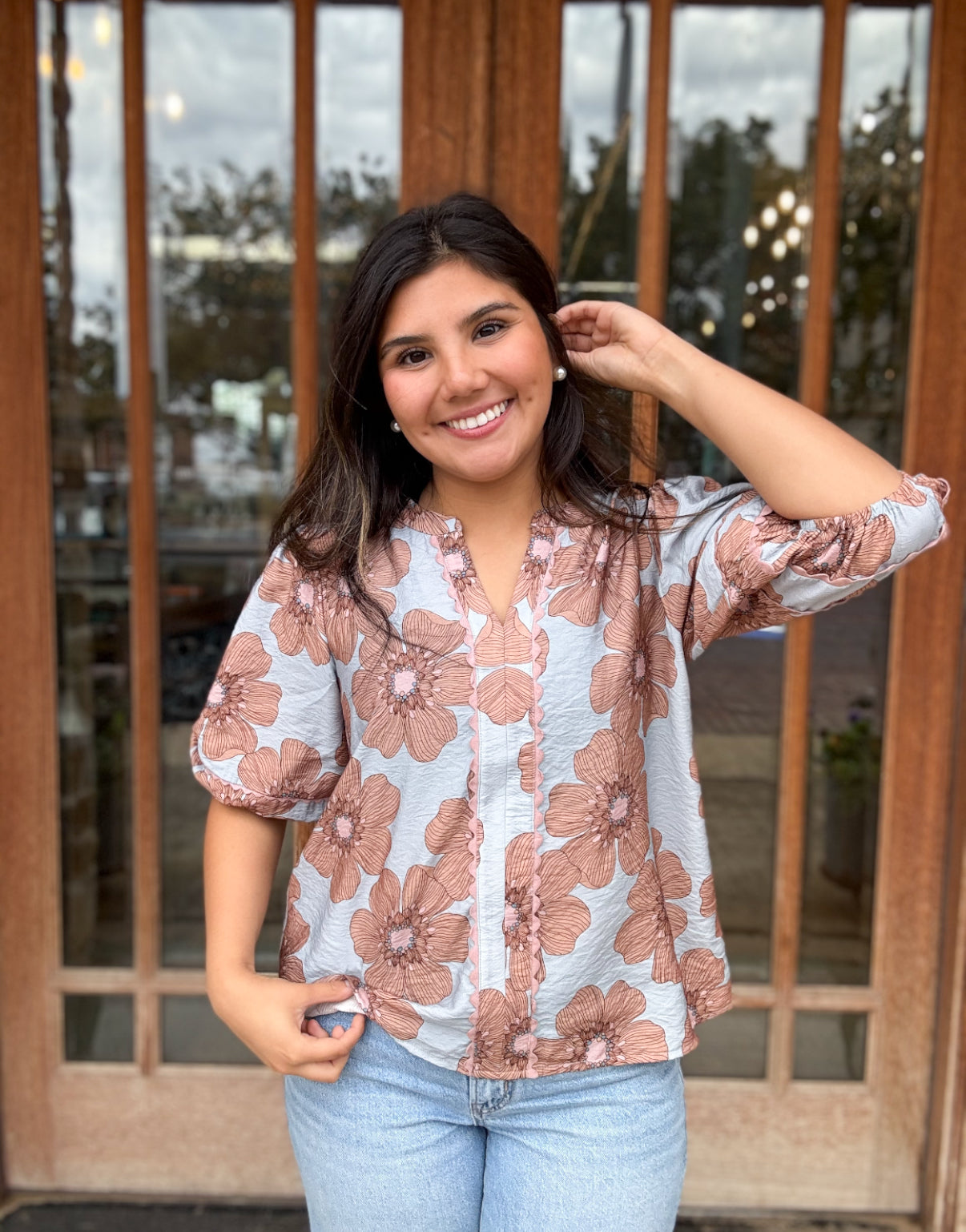 Tops | Blouse Light Blue Multi Floral Printed 3/4 Sleeve