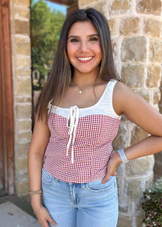 Red Plaid Cutout Slim Fit Tank Top