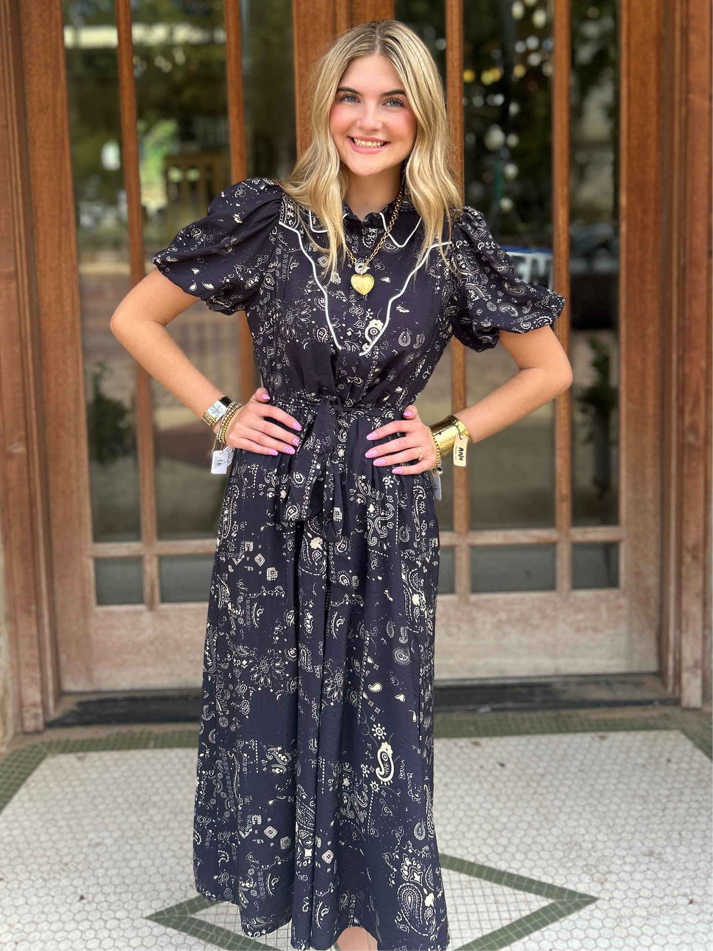 Dress | Midi Navy Paisley Print Button Front Contrast Piping in Top