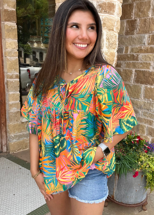 Tops | Tru Luxe Blouse Floral Tie Neck Shirred Yoke Front and Back Bell Sleeves