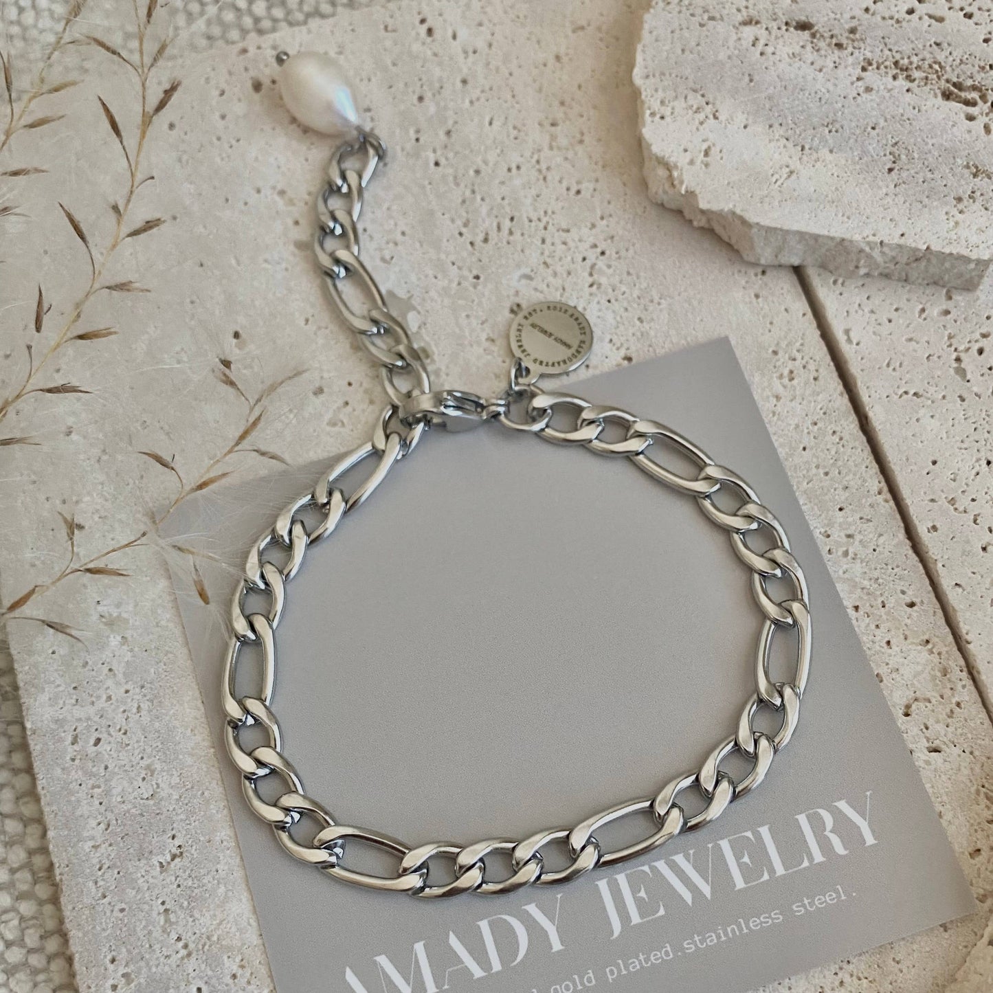 Bracelet - Silver Figaro Pearl Chain Link