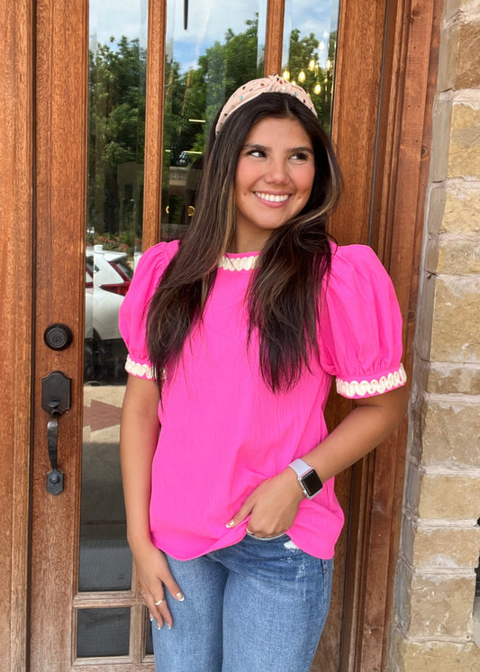 Tops | Blouses Hot Pink W/White Embroidered Trim Puff Sleeve Round Neck