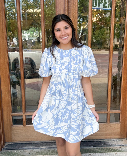 Dress - Tropical Print Puff Sleeve