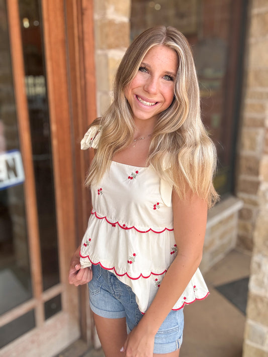 Tops | Blouse Embroidered Cream Woven Tie Shoulder Tired Two Way