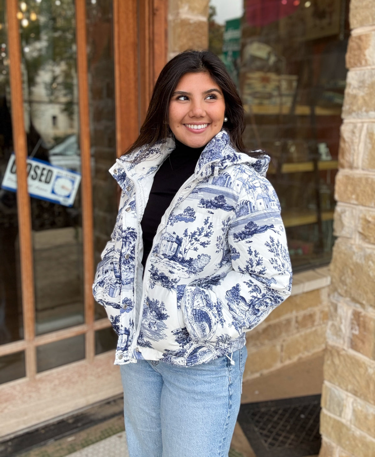 Coat | Jacket Blue Toile Snap Button Puffer