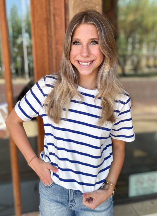 Crew Neck Short-Sleeve Striped Print Cotton Knit Top