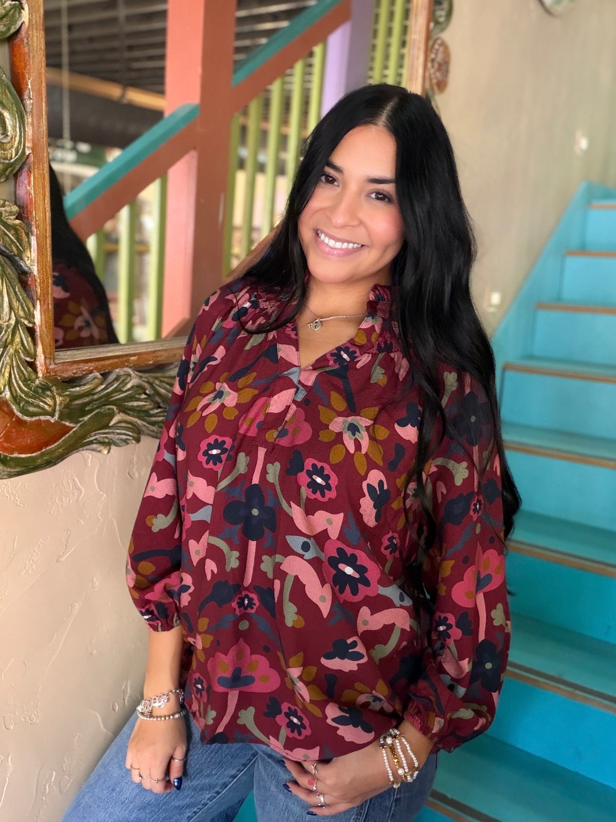 Blouse - Umgee Burgundy Floral Split Neck